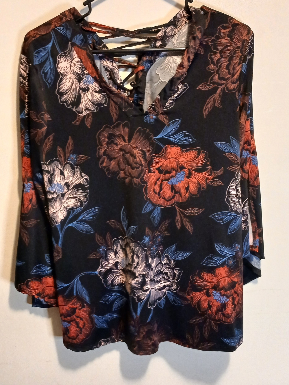 new directions Navy Floral Lace-Up V-Neck Tunic with Rust & Cream Blooms